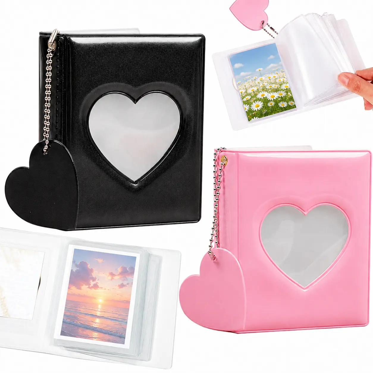 Black Mini Photocard Binder for 3-Inch Collectibles - Cards Storage, Trading Card Organizer with Transparent Pockets, Heart-Shaped Display Window, Hanging Charm