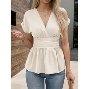 Women’s V-Neck Pleated Swing T-Shirt – Cinched Waist, Raglan Sleeve, Solid Color Street Style Top 2026 Spring