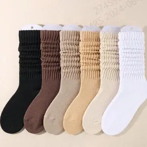 Classic Slouchy Cotton Crew Socks, 6 Pack, Multi-Color Set, Black Brown Beige White, All-Season Comfort