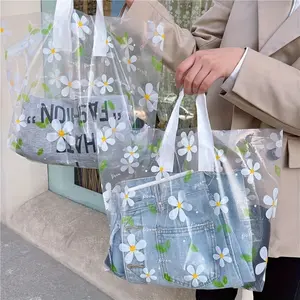 5pcs Daisy Flower Transparent Tote Bag Plastic Gift Bag, Portable Shopping Bag, Hands-on Gift Bag, Clothing Shop Shopping Bag, Holiday Party Gift Bag, Toiletry Bag, Shop Retail Shopping Bag, Flower Bags, Clear Bag