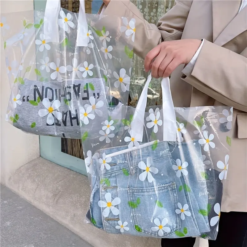 5pcs Daisy Flower Transparent Tote Bag Plastic Gift Bag, Portable Shopping Bag, Hands-on Gift Bag, Clothing Shop Shopping Bag, Holiday Party Gift Bag, Toiletry Bag, Shop Retail Shopping Bag, Flower Bags, Clear Bag, Shopping Totes
