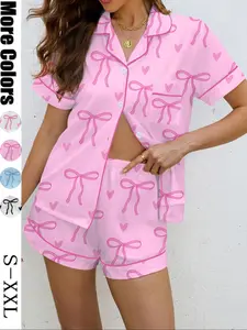 Women's Cute Bow Knot Print Pajama Set, Casual Fitted Shirt Collar Button Short Sleeve Top & Elastic Shorts, Soft Stretchy Fabric, Nightwear Soft Sleepwear Loungewear