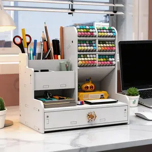 Desktop DIY Pen Holder Storage Box, Multi-Functional Office Supplies Stationery Case, Large Capacity Student Wood Plastic Organizer