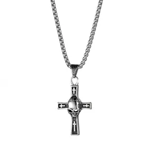Mens Stainless Steel Gothic Skull Cross Biker Pendant Necklace with 22" Chain