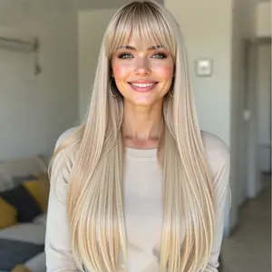 24-Inch Straight Wig with Bangs, Synthetic Material Wigs, Gradual, Perfect for Parties, Stage Performances, Daily Use, Hair Extension Pad Included
