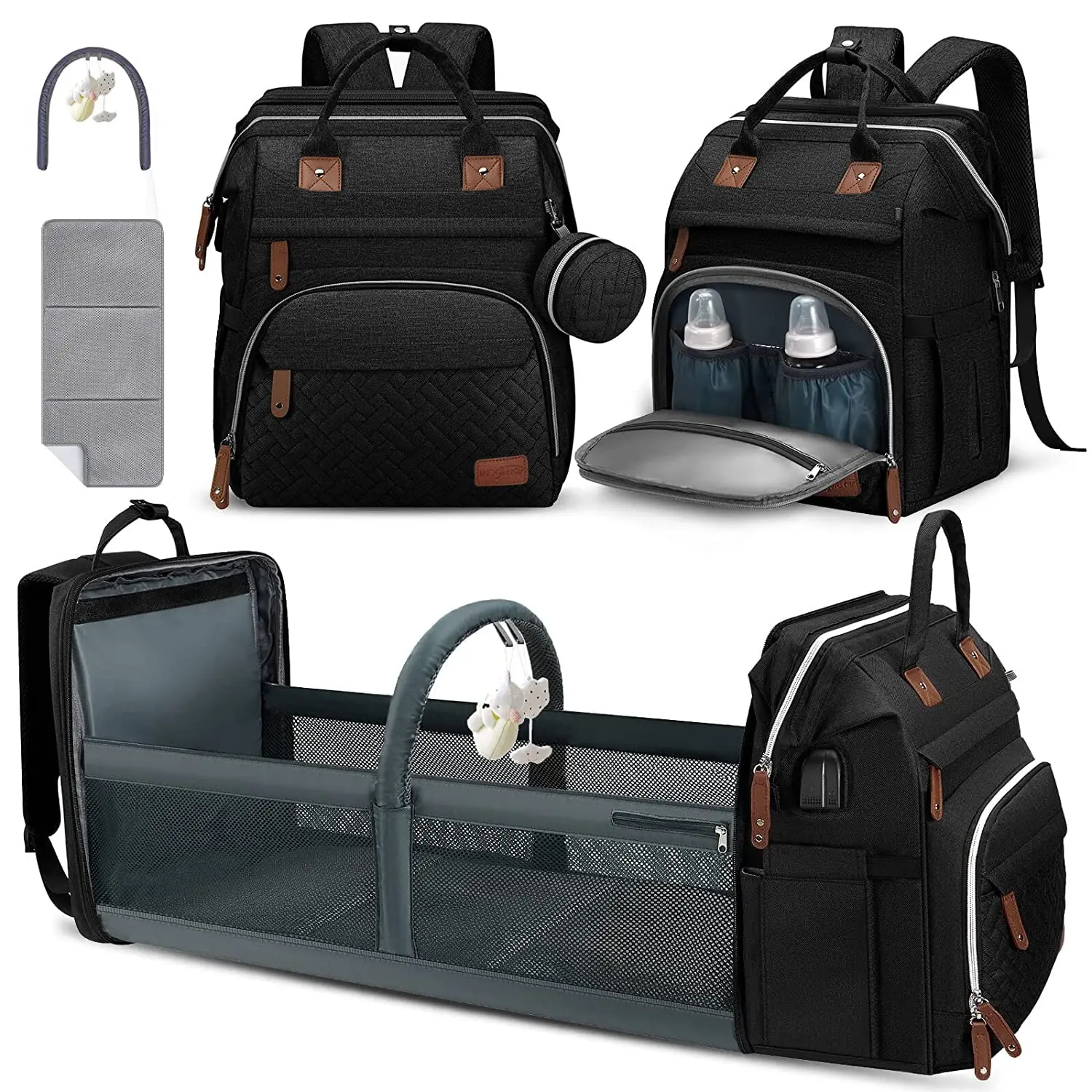 Diaper Bag Backpack – Large Capacity Baby Diaper Bag with Changing Pad, Waterproof Travel Backpack for Boys & Girls, Multi-Function Baby Bag with USB Charging Port, Black