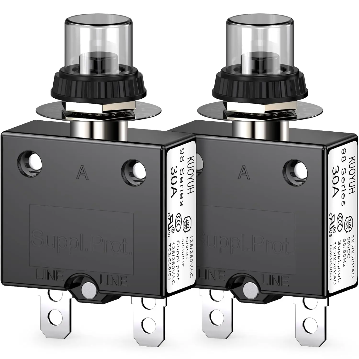 Thermal Circuit Breaker, 30A 125/250VAC Circuit Breaker Push-Button Reset with Quick Connect Terminals and Waterproof Button Cover 32VDC Thermal Overload Circuit Breaker 98 Series 2 Pcs