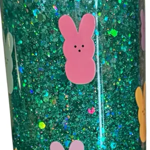 Glittered Snow Globe Tumbler with UV DTF Transfer of Colorful Bunnies - Fun Drinkware for Easter Celebrations - Bottle