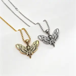 Oufer 316L Stainless Steel Death Moth Vintage Skeleton Necklace Unisex Durable Extra-long Chain No Tarnish Edgy Vibe for Daily Wear Trendy Accessories