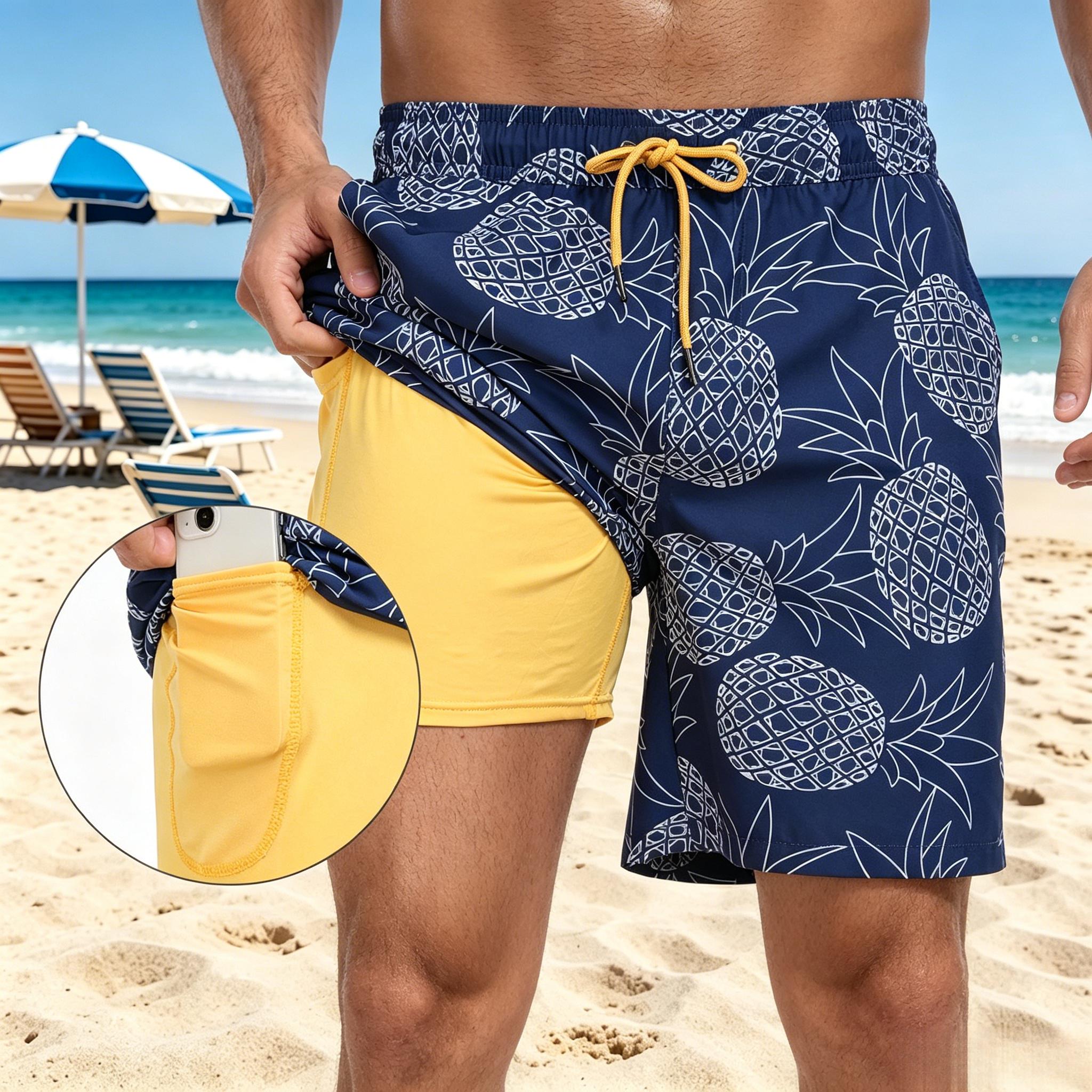 Quick-dry surfing shorts, comfortable elastic men's beach swim trunks, sporty casual printed shorts
