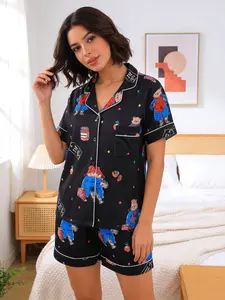 2pcs Paddington Bear Print Pajama Set - Cute Nostalgic Short-Sleeve Pjs (Notch Collar + Chest Pocket + Elastic Waist) - Soft Fit Adult Loungewear/Sleepwear for 90s Kids, Cozy Nights In & Gift Giving