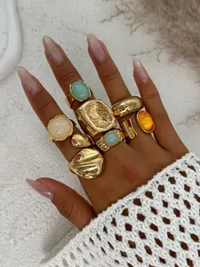 7 Pcs Vintage Fashion Geometric Design Jade Embedded Ring Set, Women's Metal Thick Rings, Daily and Party Jewelry Gift Set, Jade Embedding