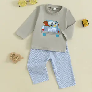 Toddler Baby Boy 2Pcs Fall Outfit Long Sleeve Dog Truck Embroidery Tops + Stripes Pants Set Matching Warm Clothes