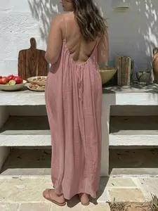 Women's Plus Size Solid Color Cami Lounge Dress, Elegant Sleeveless Long Dress for Summer, Ladies Sleepwear for Indoor Wear
