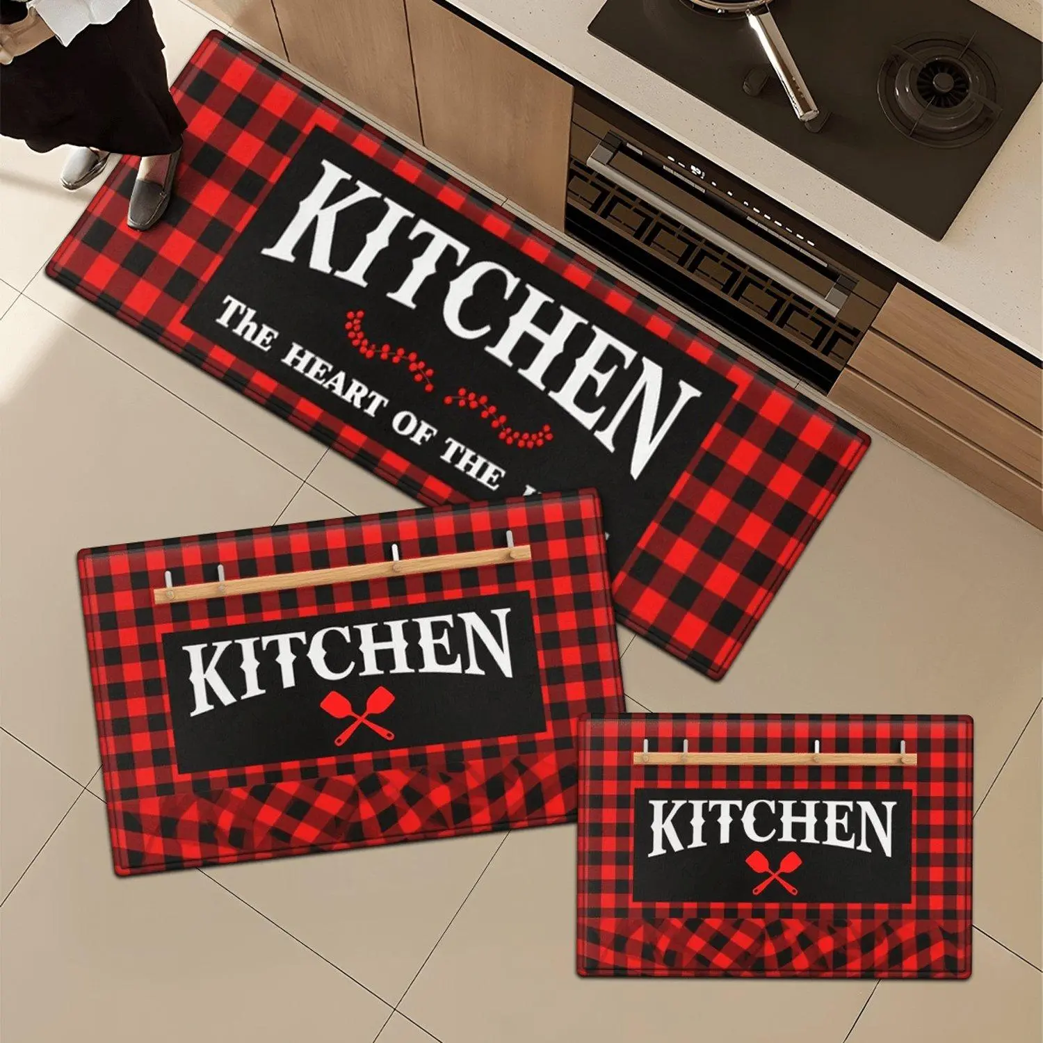 1pc Red Plaid Floor Mat, Non-Slip Soft Flannel Water-Absorbing Rectangular Rug, Machine Washable Decor Mat Suitable for Bathroom, Laundry Room