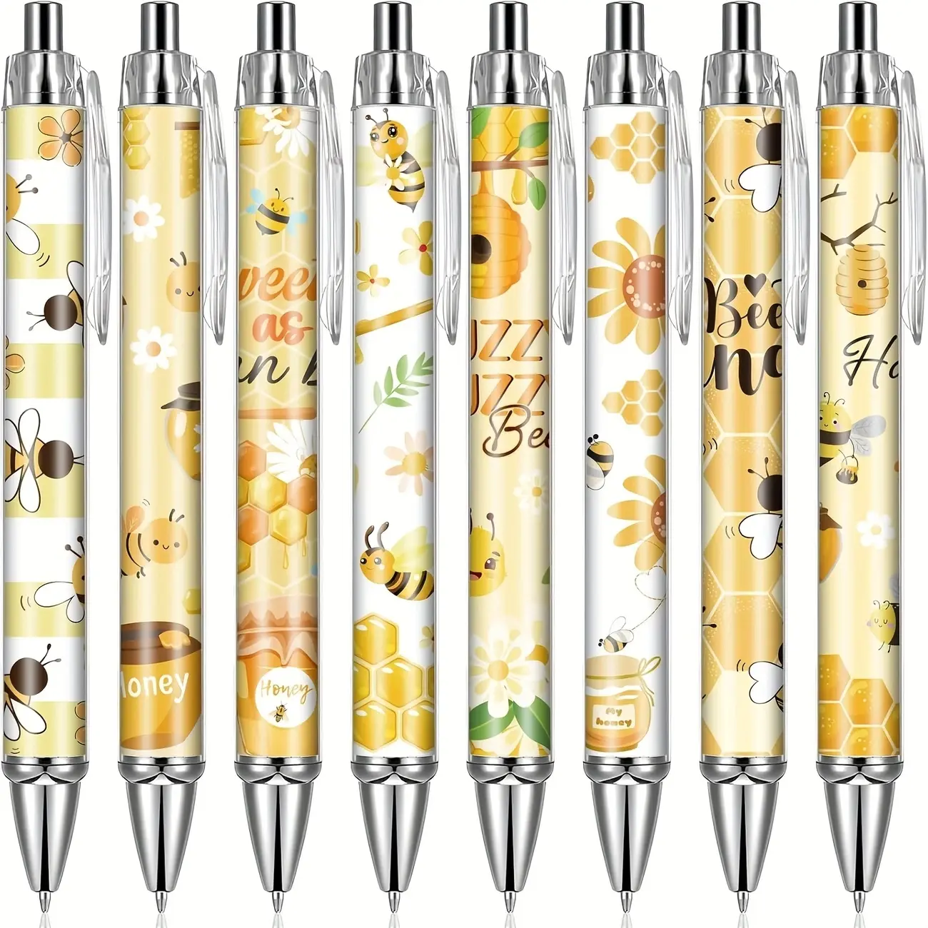 8pcs Bee-Themed Retractable Ballpoint Pens - Fine, Smooth Black Ink with Vibrant Honeycomb & Bee Design, Perfect for Office, or Gift Giving for Students, Teachers, and Professionals, Bee Decorations, Ballpoint Pen Set