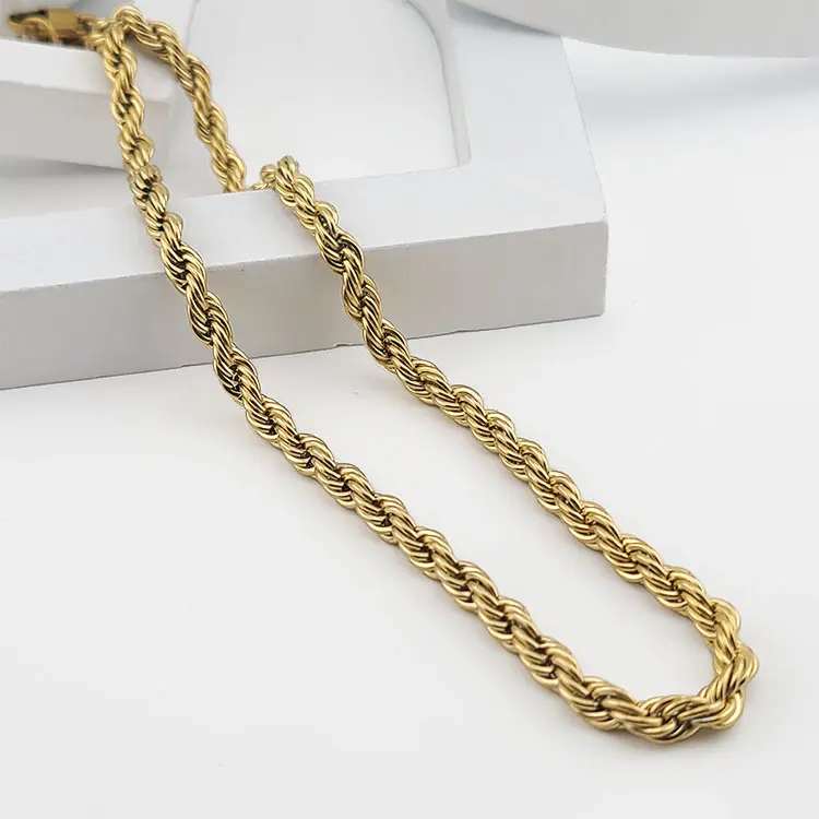 FWJ 5mm Gold-Plated Stainless Steel Rope Link Chain Necklace, Long Casual Fashion Accessory for Daily Wear