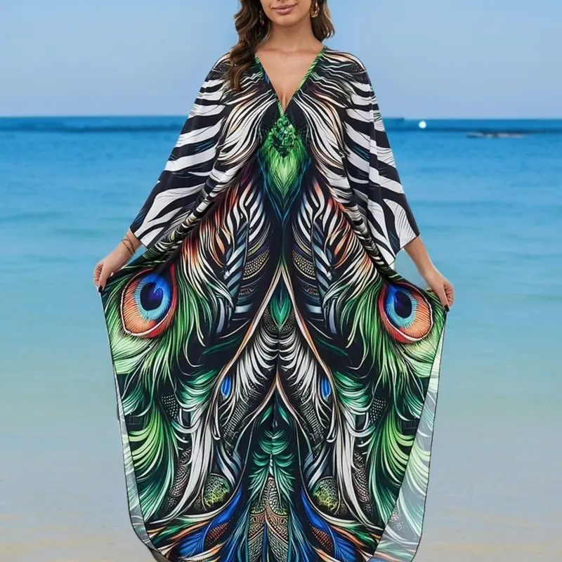 Plus Size Ethnic Pattern & Feather Print Batwing Sleeve Cover Up, Boho Casual V Neck Split Side Cover Up, Women's Summer Swimwear for Beach Holiday, Beach Cover Ups, Bathing Suit Coverup, Swimwear Coverups, Swimsuit Coverups, Swimsuits Cover Ups