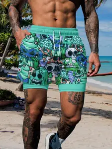 Trendy Skull Graffiti Double-Layer Beach Shorts, American Style Fake Two-Piece Surf Shorts, Casual Slim-Fitting Swimwear, Swimsuit Shorts