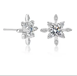 Snowflake shaped silver earrings set with CZ diamonds, suitable for women's daily clothing and party jewelry gifts
