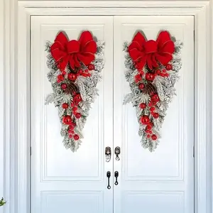 Christmas Flocked Hanging Wreath, Bow Tree Decoration, PVC Plastic Holiday Party Decor, Wall Window Door Ornament, No Power Needed