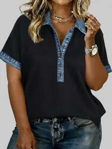 Black Plus Size Waffle Knit Polo Shirt, Casual Contrast Denim Collar Short Sleeve V Neck Patchwork Colorblock Tunic Tee for Women