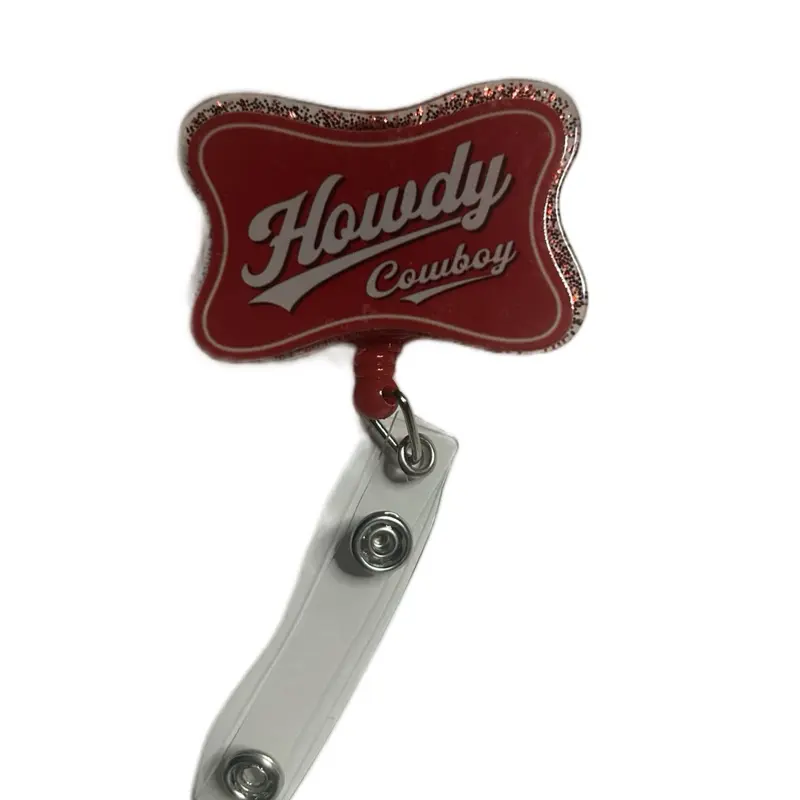 Handmade Howdy Cowboy Badge Reel with Belt Clip Red Glitter Design for Cowgirl Accessories