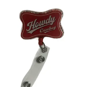 Handmade Howdy Cowboy Badge Reel with Belt Clip Red Glitter Design for Cowgirl Accessories