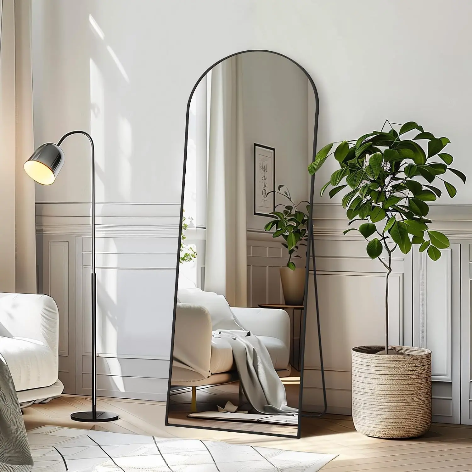 56"x18" Arched Full Length Mirror, Black Floor Mirror with Stand | Hanging or Leaning Against Wall, Tempered Glass, Full Body, for Bedroom Living Room, Aluminum Alloy Frame