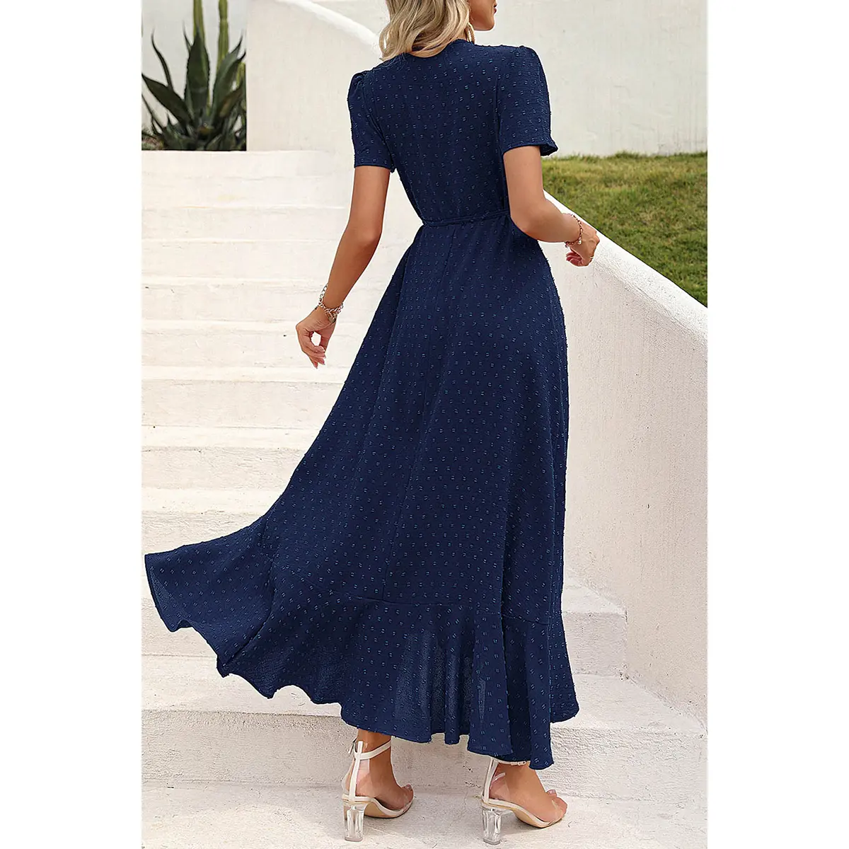 sachin and babi light blue dress Satin Dusty Rose Cold Shoulder Frill Trim Wrap Maxi Dress /3-2-1 main image 1