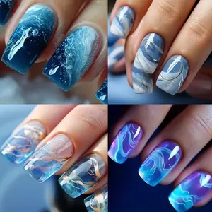 96PCS Short Square Press-On Nails (4 Packs) – Blue Ombre Glitter Nails with Gold Lines, Full Cover Acrylic Nail Set for Women