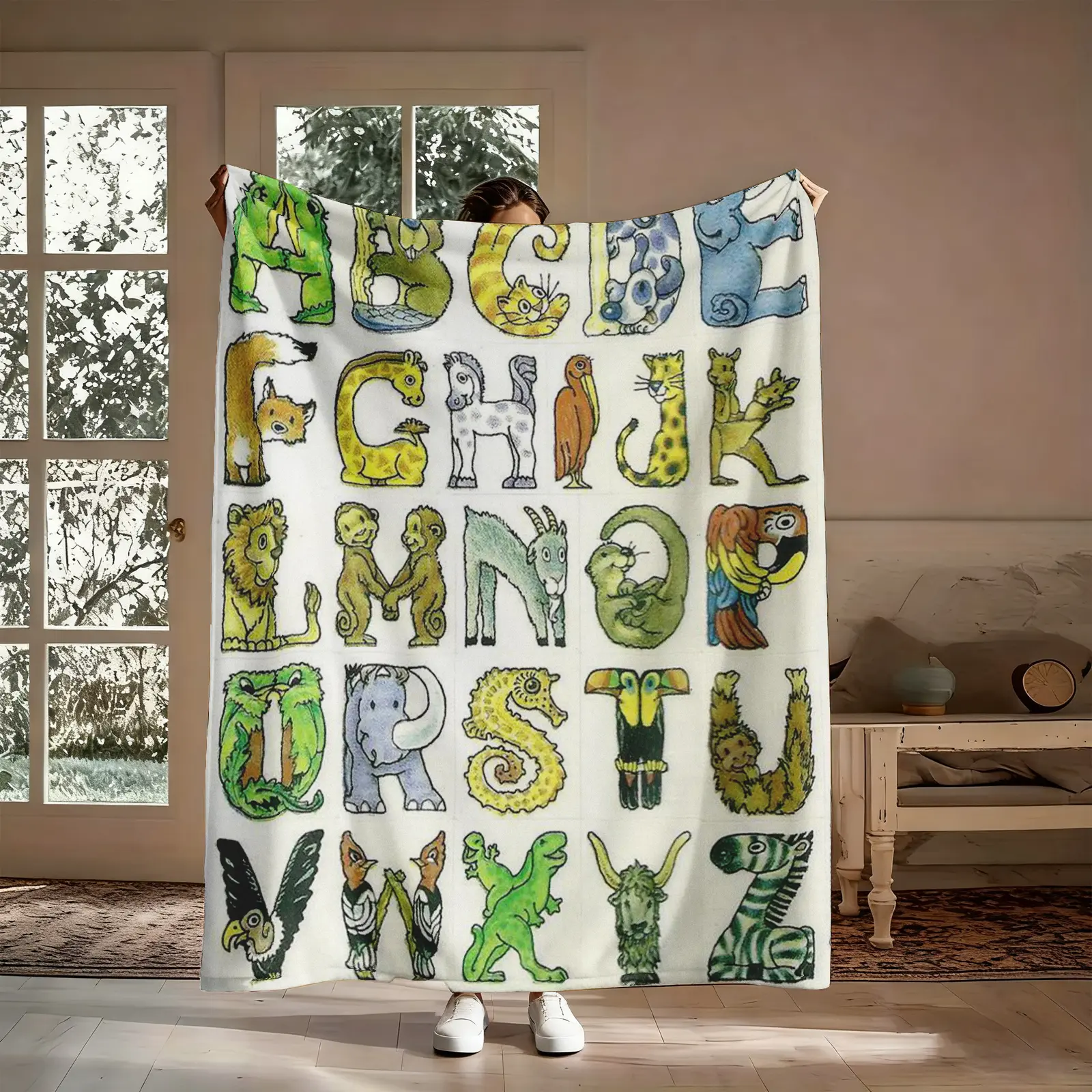 Wrinkle Resistant Flannel Fabric Alphabet Animal Blanket - Soft, No Shedding, Tightly Woven Modern Toddler Educational Throw, Compact, Durable, Fade Resistant, Machine Washable for Kids Room Decor & Camping