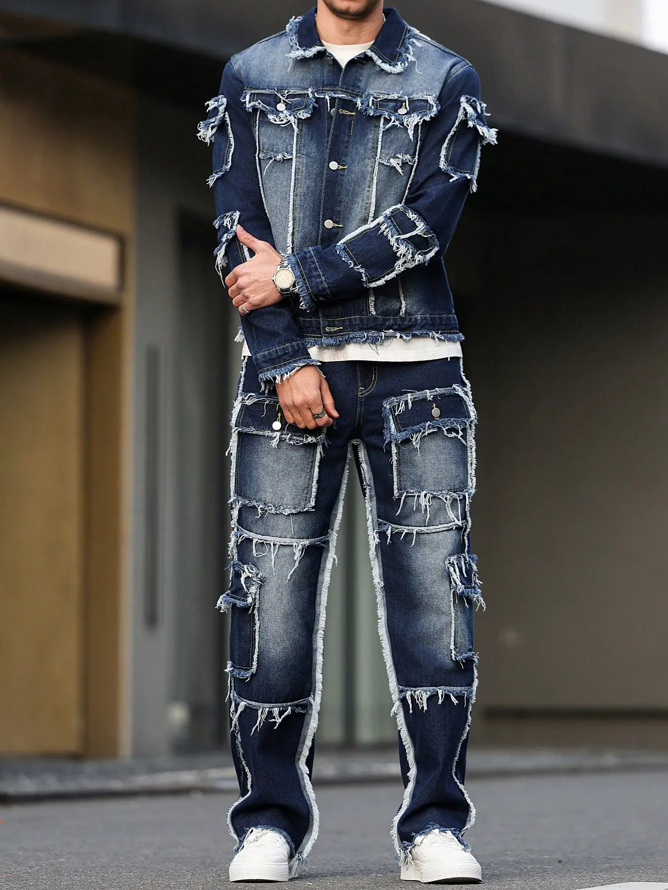 Men's 2-Piece Denim Clothing Set - Structured Cut, Regular Fit, Fuzzy Details, Fringed Edges, Straight-Leg Long Trousers, Stylish Casual Colorblock Design, Vibe-Focused, Suitable for City Walks