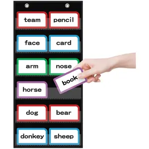 Classroom Words Pocket Chart with 6 Clear Pockets, Black Standard Pocket Chart for Classroom and Home for Sentence Strips, Reusable Words Hanging Pocket Chart (Black)
