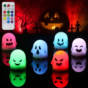 Ghost Flickering Flameless Candles Battery Operated with Remote and Timer 6 Pack Color Changing Light Spooky White LED Tea Lights Candles Halloween Indoor Decoration Gifts(2 x 2.4 Inches)