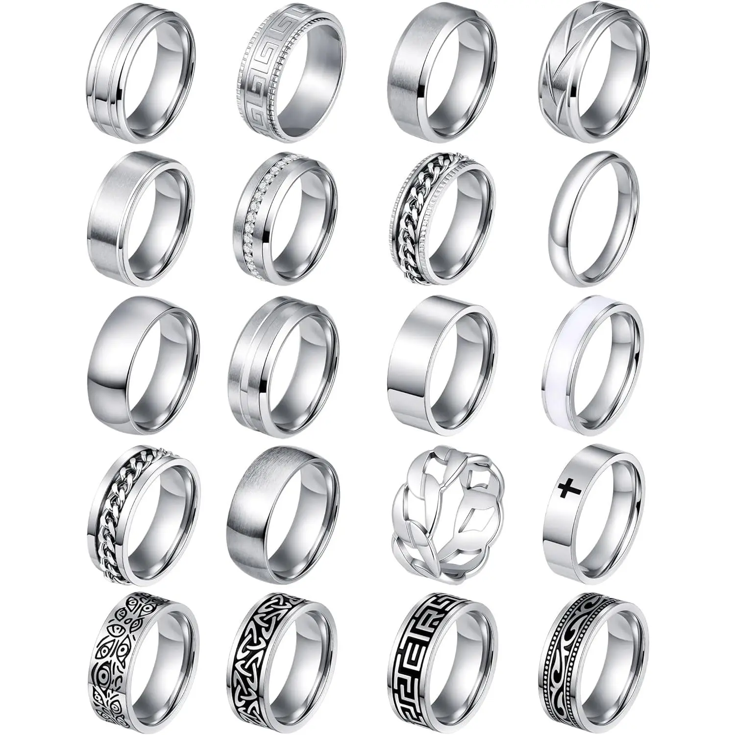 20PCS Silver Rings for Men Stainless Steel Rings Fidget Vintage Signet Ring Set Promise Engagement Wedding Ring Gifts Jewelry 7-13