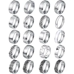 20PCS Silver Rings for Men Stainless Steel Rings Fidget Vintage Signet Ring Set Promise Engagement Wedding Ring Gifts Jewelry 7-13