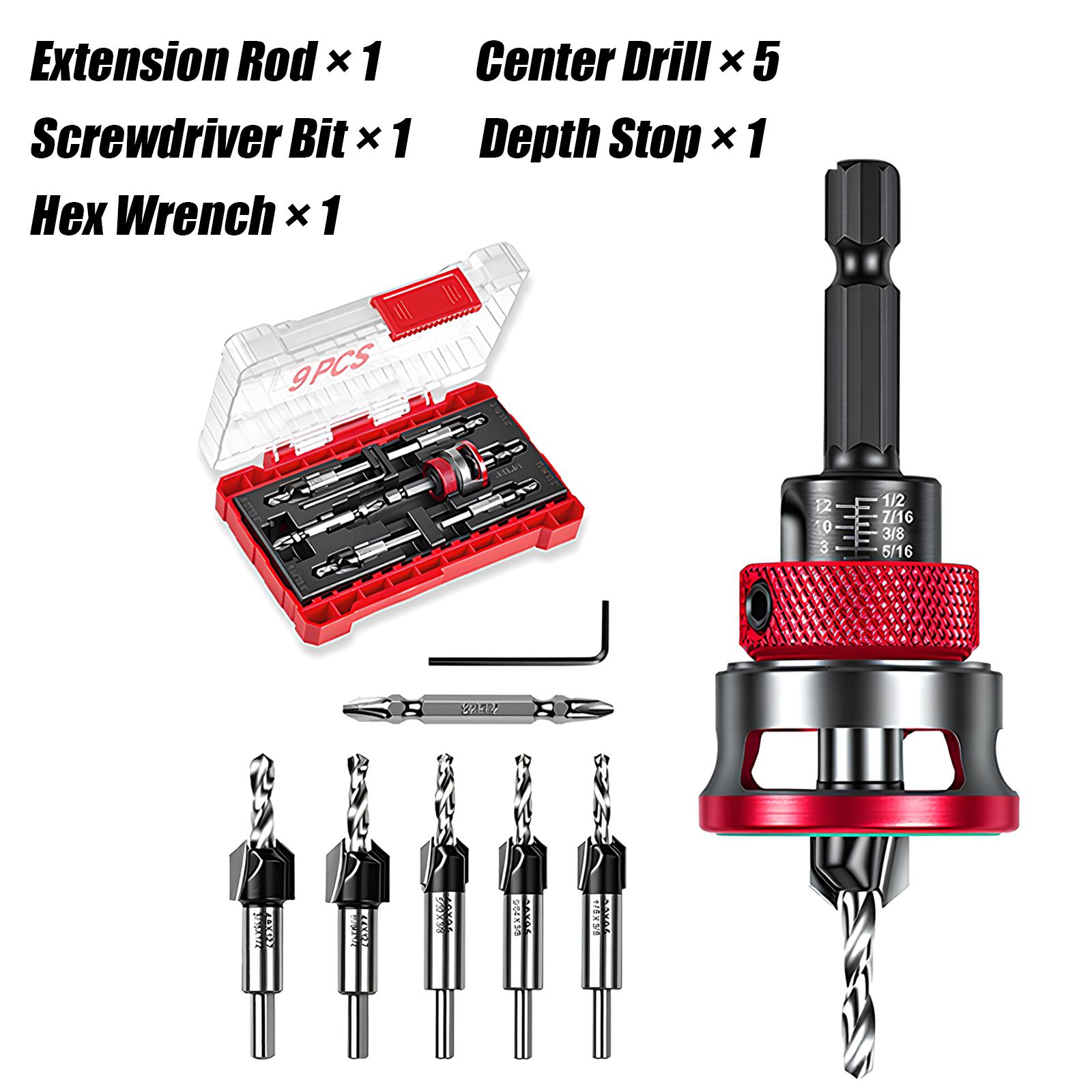 9PCS Countersink Drill Bit Set Adjustable Depth Stop Collar 82 Degree Tapered Hex Shank Wood Drill Bits Clean Countersink Holes No Splitting DIY Woodworking MDF Plywood Screwdriver Bits Home Improvement Tool Set