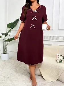 Women's Plus Size Dress with Bow Decor, Wooden Trim Casual Comfortable Sleepwear, Ladies Home Clothing,Women's Solid Color Cami Loungewear Dress,Comfy Nightgowns,Short Sleeve Nightdress, V Neck Nighty, Gift for girl, Soft Casual Nightdress