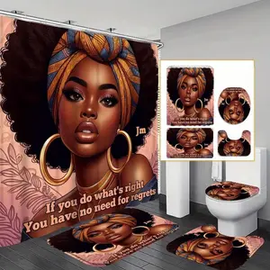 1/4pc African American Queen Pattern Bathroom Decor Set, including shower curtain, toilet seat cover, toilet seat cover, and rectangular floor mat. Perfect for bathroom decor, partitioning, and beautifying the space. Comes with 12 shower curtain hooks.