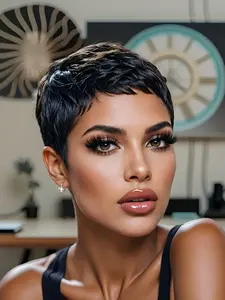 pixie cut wig machine made pixie wig short straight layered  Party holidays gift wig PIXIE black color pixie cut human hair wig