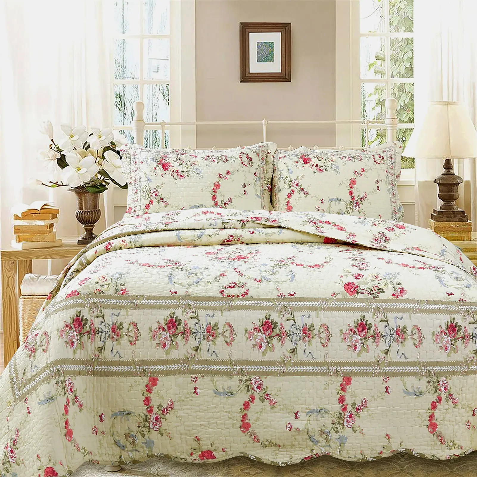 Rose Romance Floral Print Cotton Fabric Reversible Quilt Bedding Set, Decorative Multi-Size Bedding Set for Bedroom Use