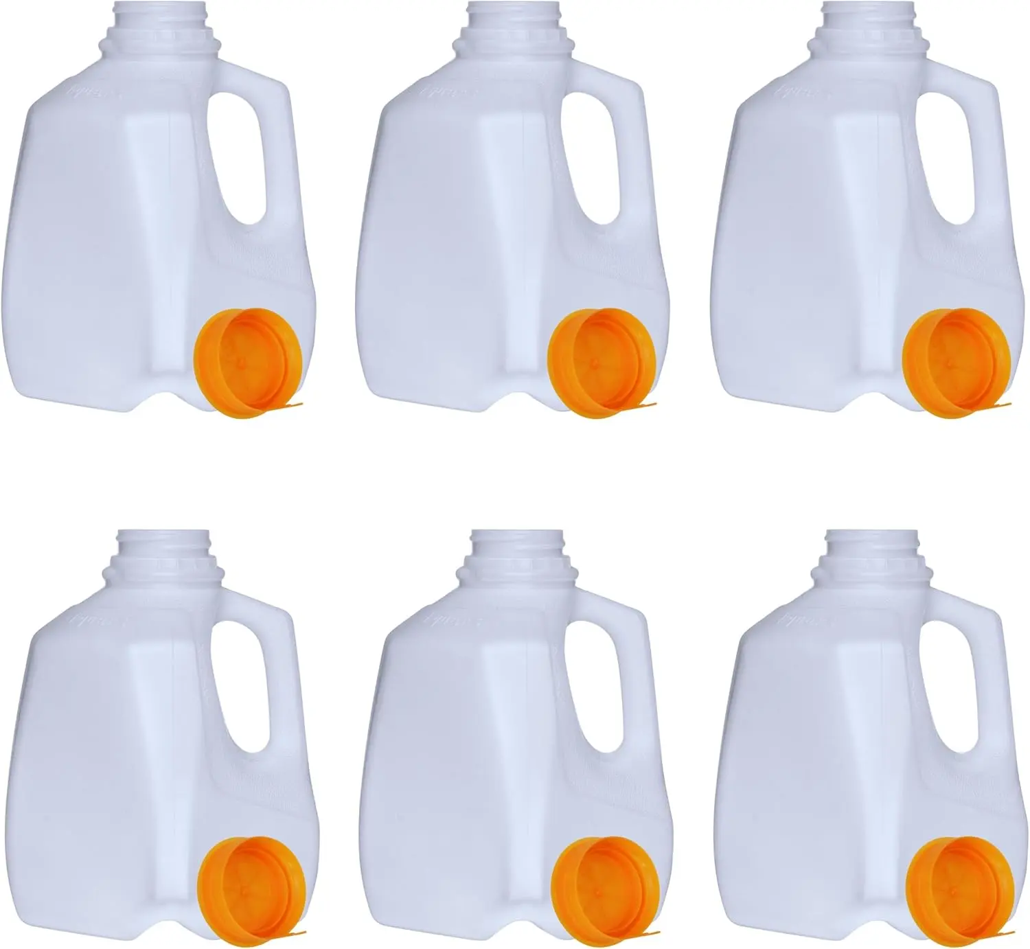 (6 PACK) Mini Milk Jug Plastic With Lid Quart Size Jugs Empty Milk Jugs, Brews, Juice, Teas, Easy Grip Easy Pour Pitcher Elderly, Food Safe, Hdpe Squat 32 Oz Orange Snap Caps