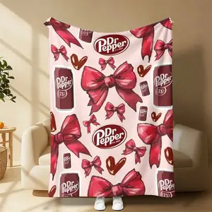 Dr Pepper Logo Flannel Blanket with Red Bow, Cozy Multi-use Blanket, Stylish Home Decor, Holiday Gift for Loved Ones