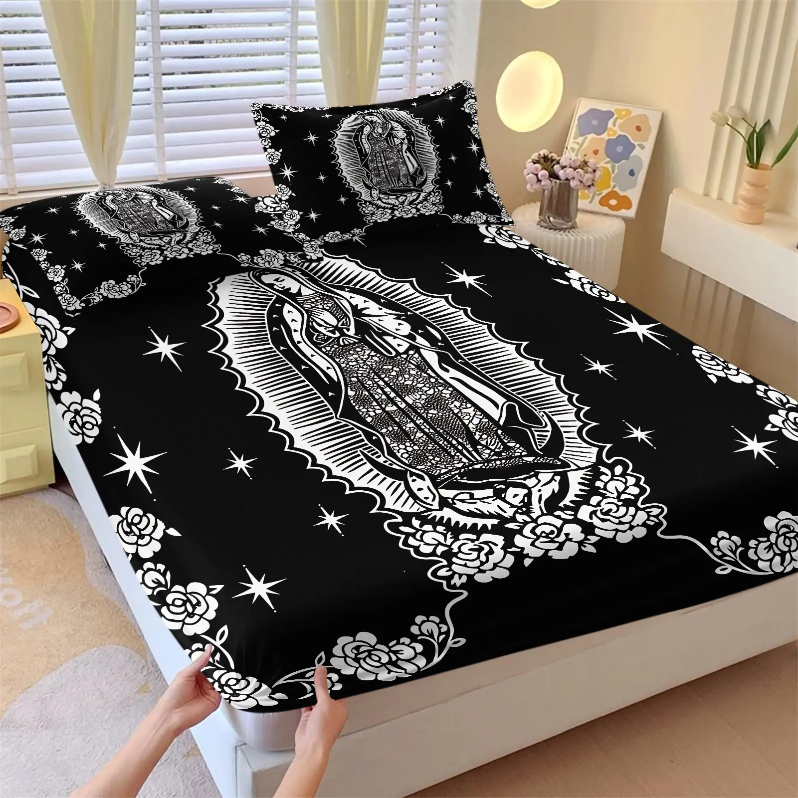 Dark Guadalupe Virgin Religious Fitted Sheet Set and 2 Pillowcases, Black White Print Image with White Rose & Octagonal Star Elements, Soft Non-Slip Wrinkle Resistant, Mysterious Cool Bedroom Decor Gift, Bed Sheet Sets