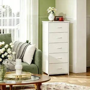 Storage cabinet 5-layer solid wood and fabric storage cabinet tower drawer box, country-style wooden top, sturdy metal frame, wear-resistant storage, suitable for bedroom, living room, study, office, small apartment, available in multiple colors