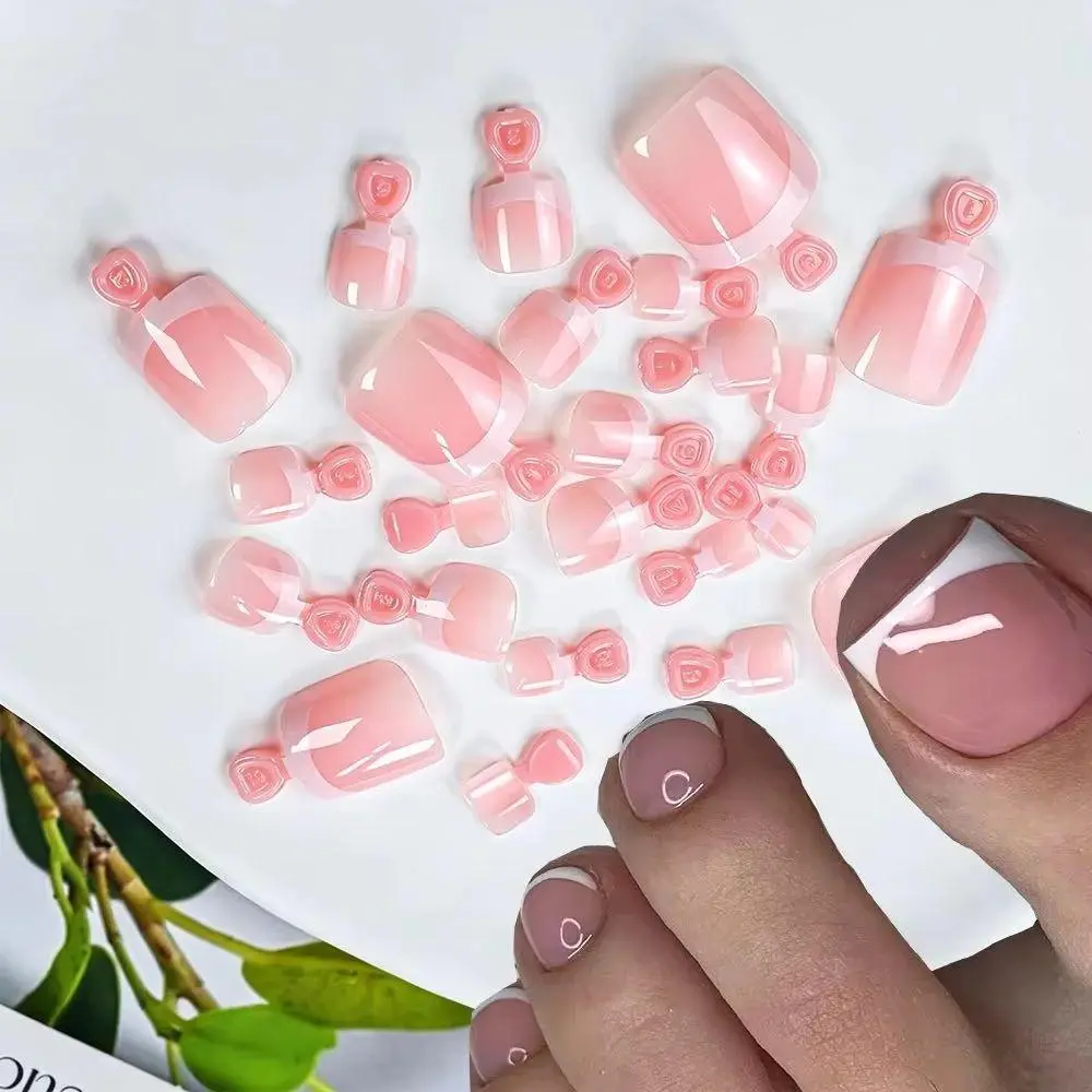 24Pcs Short Square French Fake Toenails Nude pink Full Cover False Toe Nails Summer Press on Toenails Feet Nail Tips Decoration