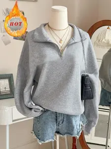 Women's Casual Fitted Half-Zip Pullover Sweatshirt, Thickened Outdoor Commuter Wear, Fashionable Aesthetic Street Style, Vintage Minimalist Plain Color Womenswear Knit, Garment