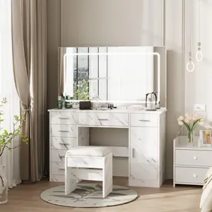 Garvee Vanity Desk with Large Mirror and Lights, Makeup Vanity with Charging Station, 3 Lighting Modes Adjustable Brightness, Vanity Table Set with 7 Drawers, Makeup Table for Bedroom