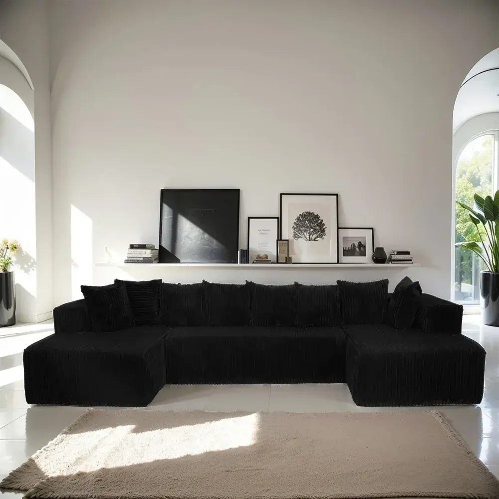 【3 Packages shipping 】131 inch U Shape Modular Sectional Sofa Compressed Corduroy Modern Sleeper Sofa for Living Room Space Efficient Modular Floor Sofa with Soft Velvet Fabric and Deep Seat Convertible Sectional Couch